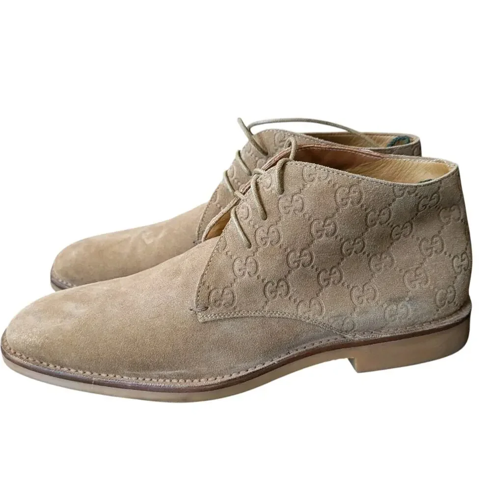 Gucci Antigua Ankle Boots Tan Suede GG Monogram Chukka Desert Mens 10 Italy